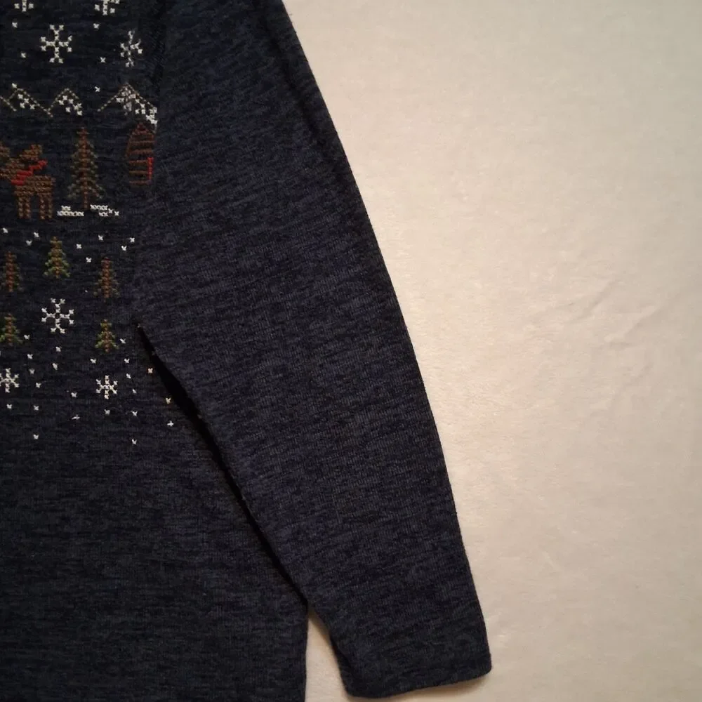 CJ Banks 1X Sweater Blue Lightweight Holiday Crosstitch Reindeer Snowflake